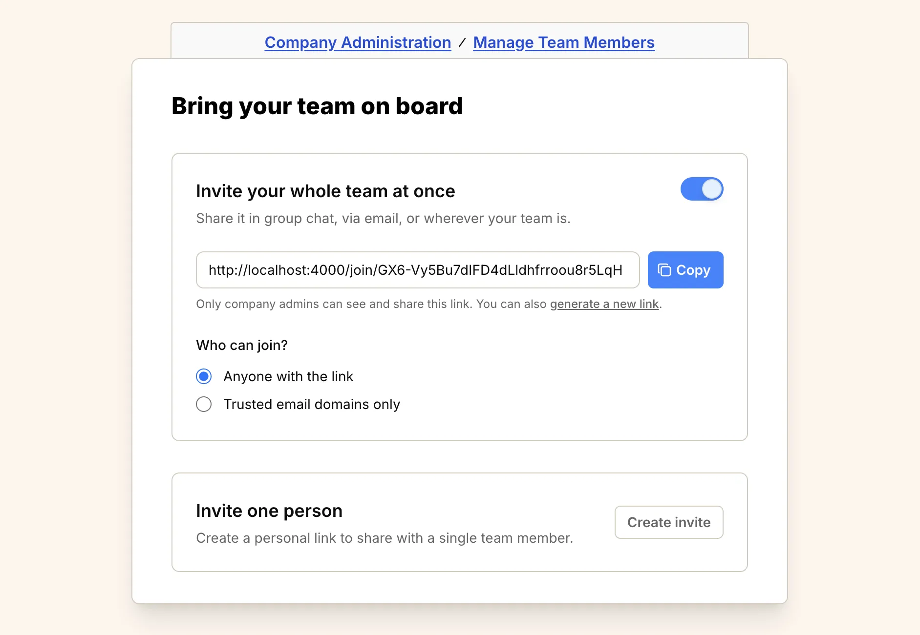 Screenshot: Invite team page